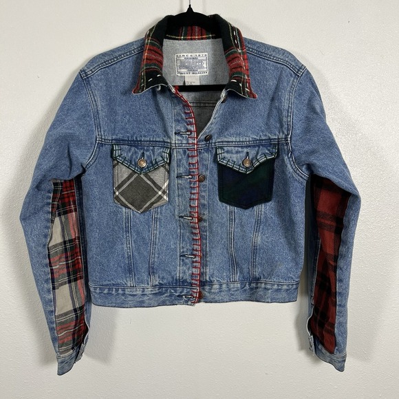 Jordache Jackets & Blazers - Jordache Original 90's Denim Jacket Plaid Patchwork Custom Red Stitching Size M